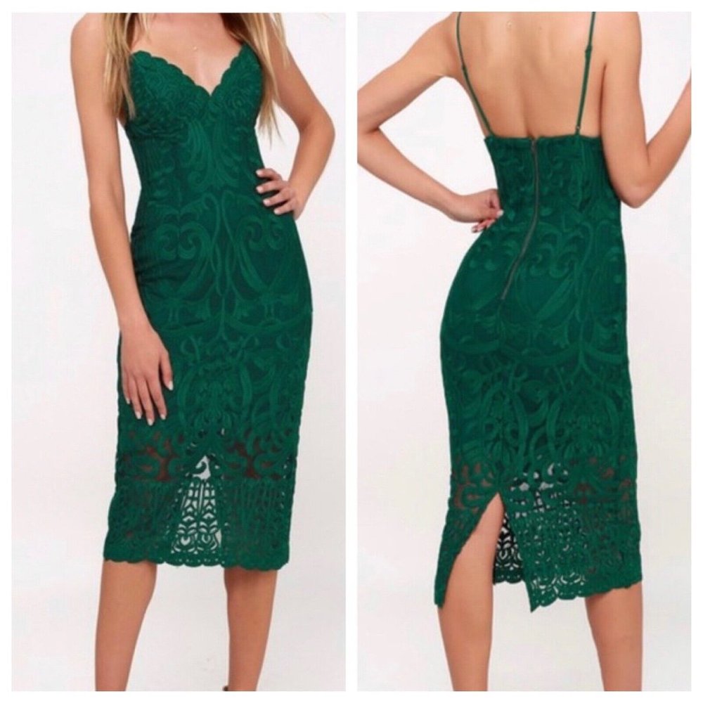 Bardot size 8/M forest green gia lace dress midi cocktail party bodycon pencil